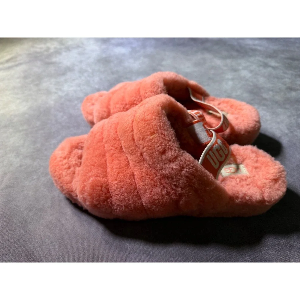 UGG Fluff Yeah Slide Coral Pink Sheepskin Slingback Sandals 1095119K